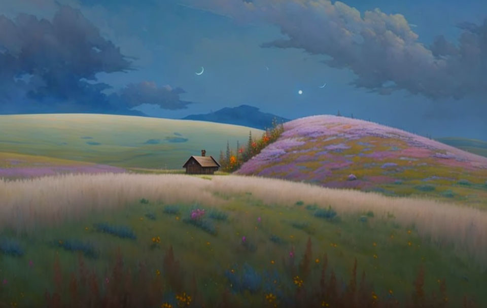 Tranquil twilight scene: cabin on flower hill under crescent moon