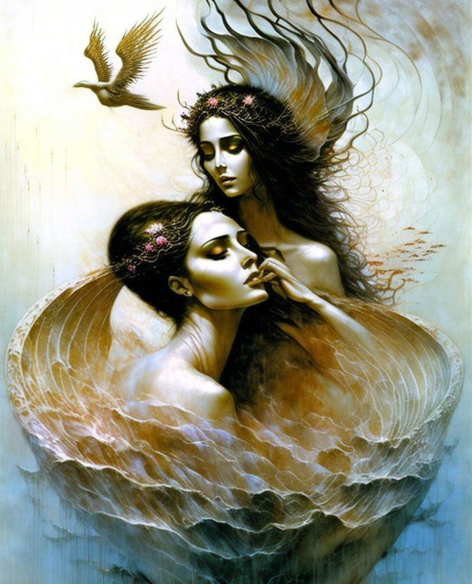 Ethereal women with floral crowns in dreamlike painting surrounded by feather-like shapes.