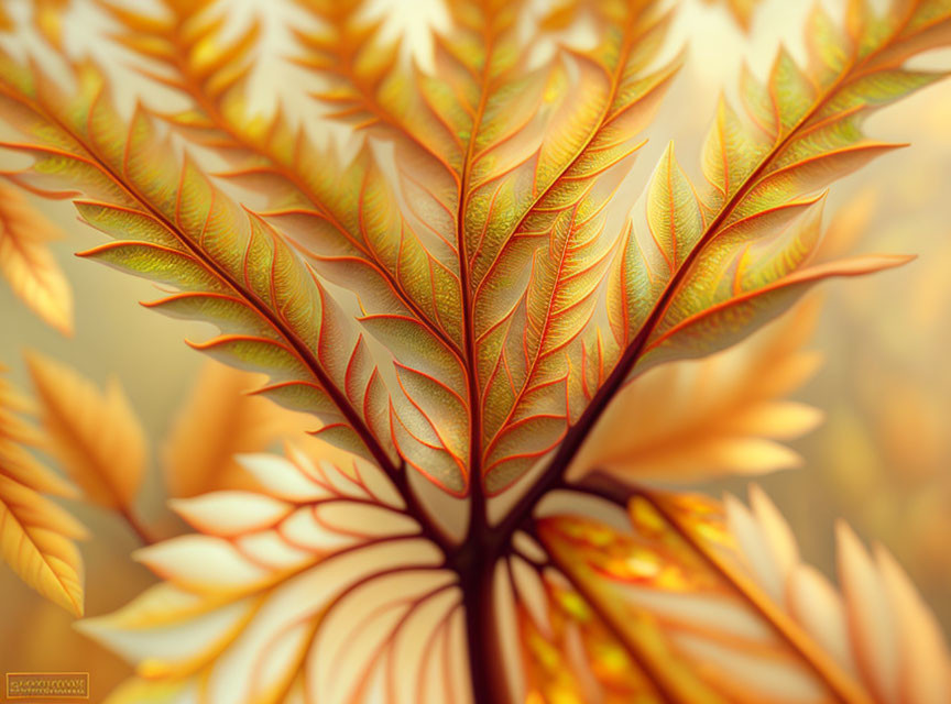 Close-Up Fern Leaf with Warm Yellow to Red Gradient Patterns on Soft-Focus Background