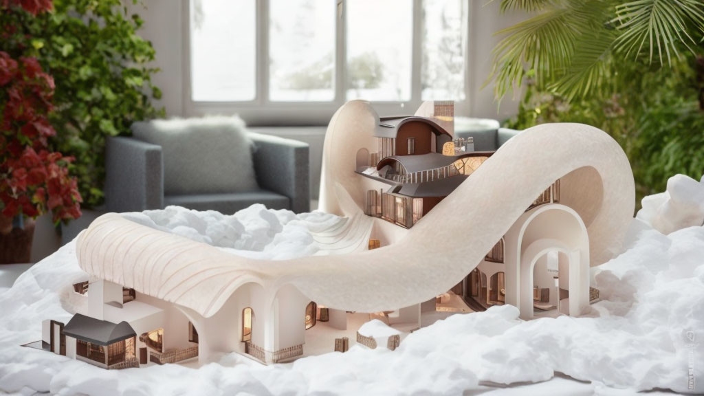 Modern structure model in artificial snow with warm lighting and snowy backdrop.