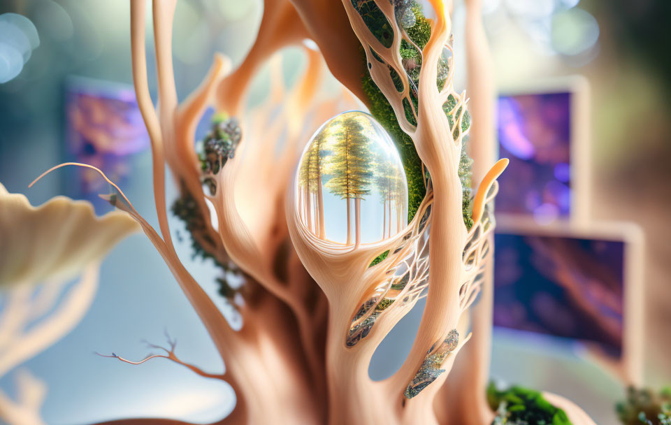 Surreal artwork featuring tree-like structure and glowing orb.