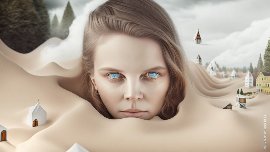 Surreal landscape: woman's face merges with rolling hills