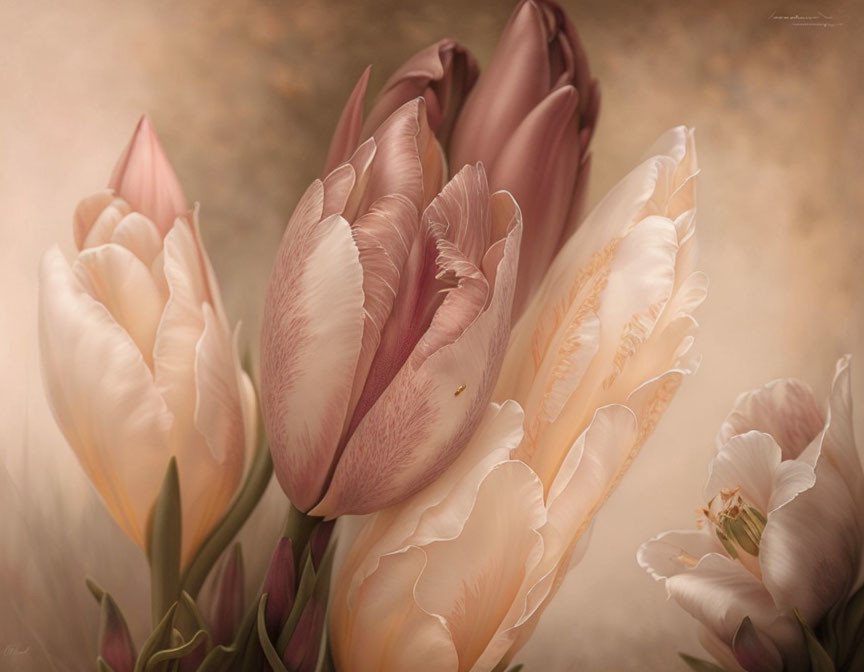 Delicate pink and cream tulips in soft focus