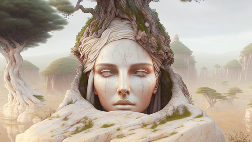 Face blended with a tree in ethereal forest, nature's spirit and beauty.