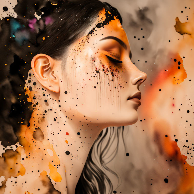 Portrait of woman with black and orange cosmic paint splashes