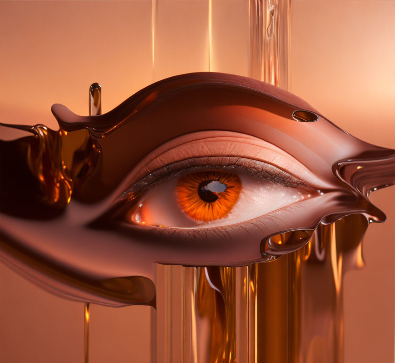 Surreal image of amber eye in viscous liquid with copper drips