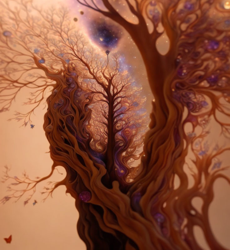 Whimsical tree illustration with swirling branches under starry sky