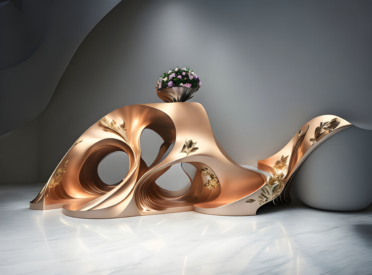 Copper-toned futuristic sculpture with floral motifs and organic curves