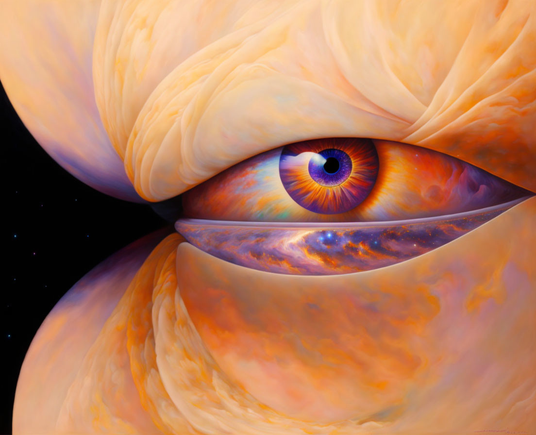 Surreal cosmic eye with gas cloud eyelids on starry space background