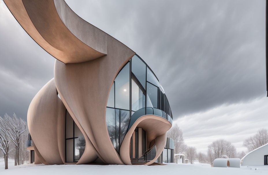 Curvaceous glass building in snowy landscape