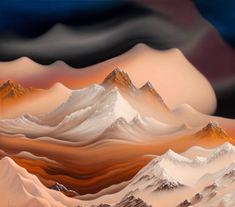 Surreal painting of mountain peaks with flowing texture and swirling sky