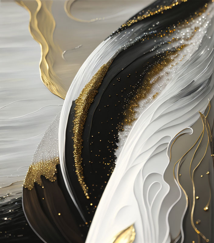 Swirling black, white, and gold abstract art with glittering accents