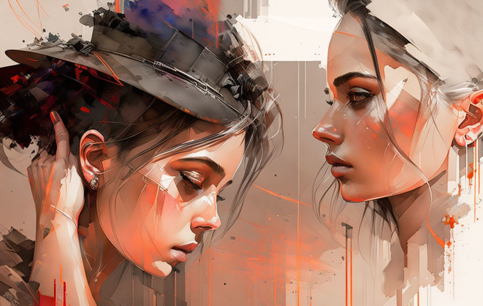 Abstract digital artwork: Two female faces in profile with vibrant paint splashes