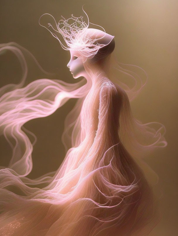 Ethereal figure with wispy hair and gown in amber backdrop