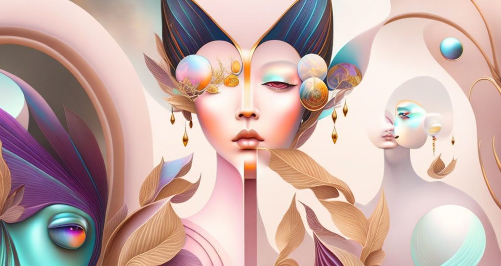 Mirrored stylized female figures with ornate headpieces in surreal artwork