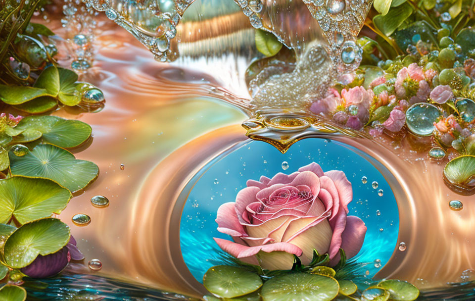 Surreal pink rose in water droplet with lily pads and flowers