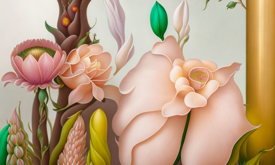 Stylized digital painting of oversized floral elements in soft colors