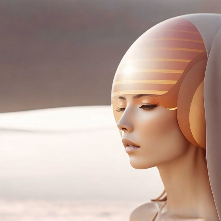 Female humanoid figure with metallic features and gold stripes on serene profile view.