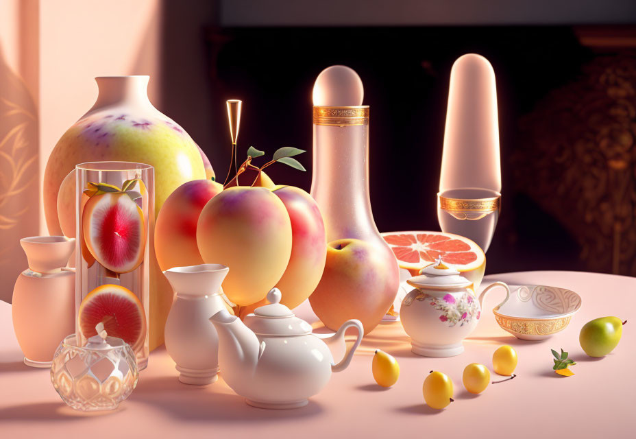 Classic Still Life with Fruits, Vases, and Fine China on Table