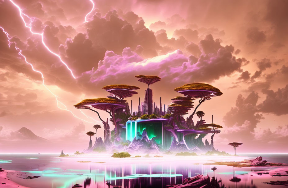 Surreal landscape with towering mushroom-like structures in pink-purple sky