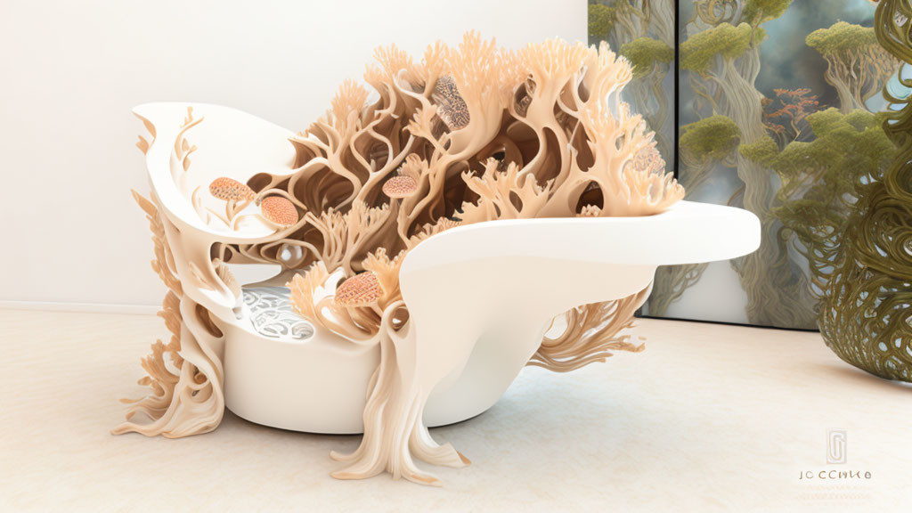 Modern White Shell Chair with Brown and Beige Coral Design