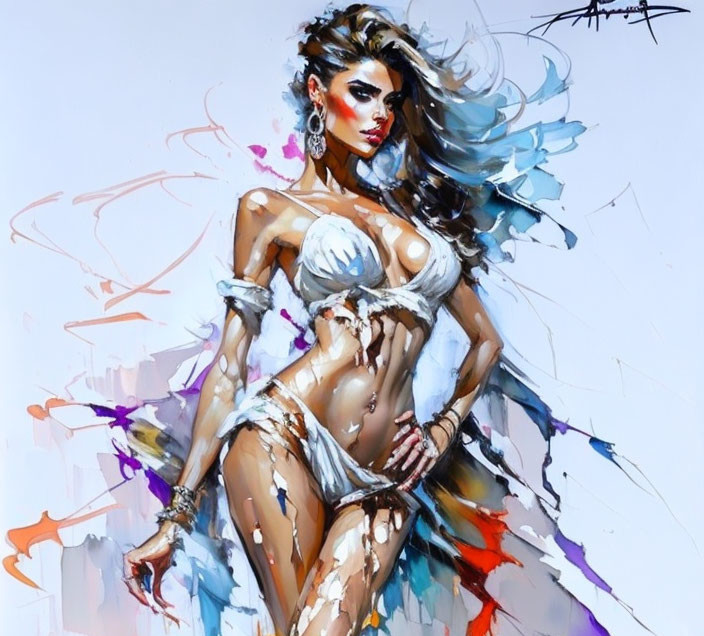 Vibrant abstract painting of a woman in white bikini