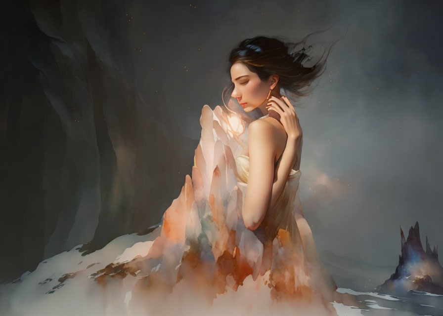 Illustration of woman with flowing hair in crystal-like dress on dreamy backdrop