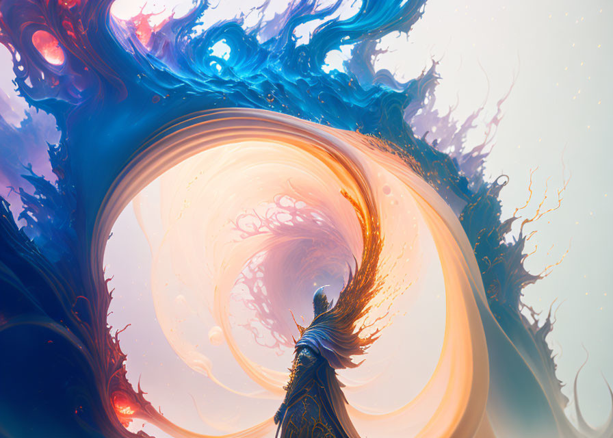 Surreal digital artwork with swirling orange hues and dynamic blue shapes