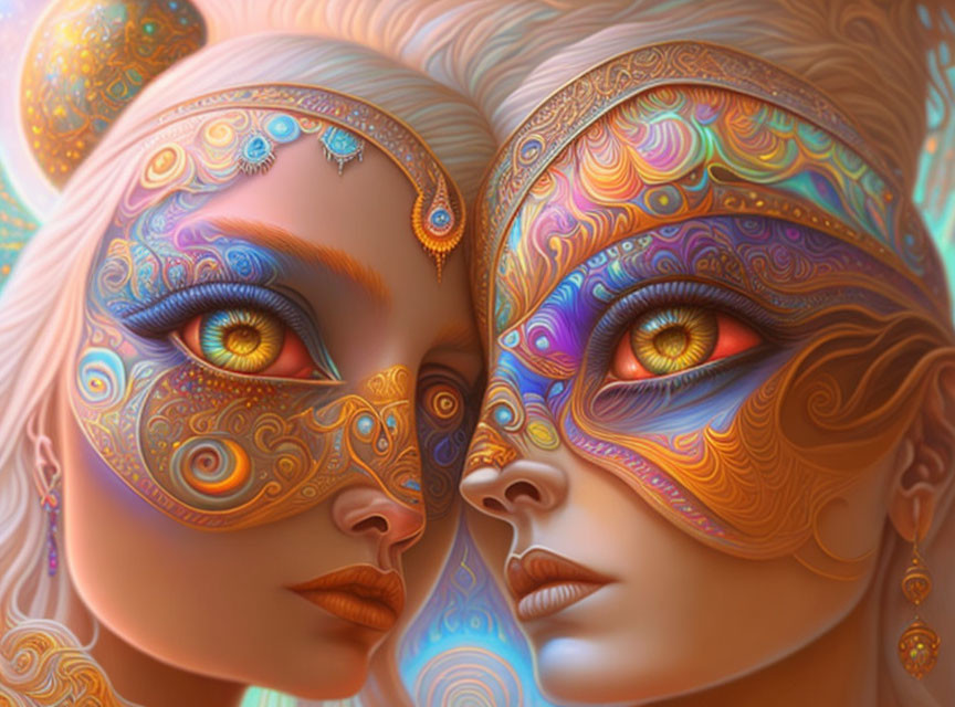 Close-Up Faces with Colorful Mask-Like Patterns