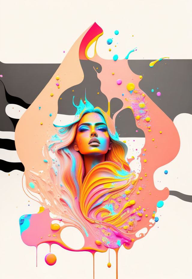 Colorful abstract art: Woman's face merges with dynamic swirls and shapes on light backdrop