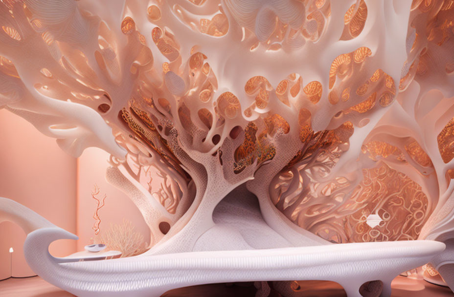 Surreal organic interior with coral-like structures and elegant peach color palette