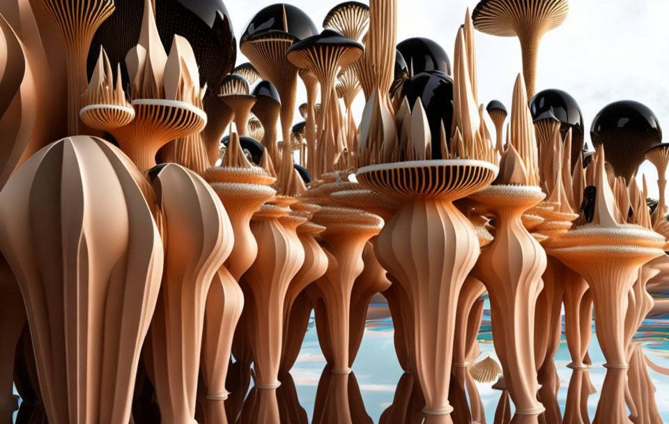 Abstract Mushroom Sculptures in Beige and Black Array