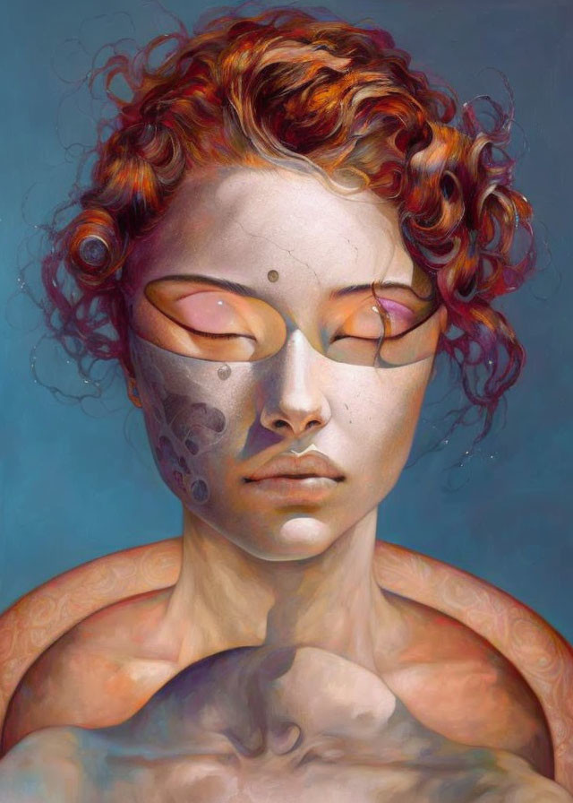 Surreal portrait of person with closed eyes and red curly hair