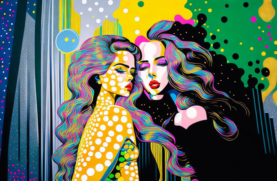 Vibrant Pop Art Image: Two Women with Flowing Hair