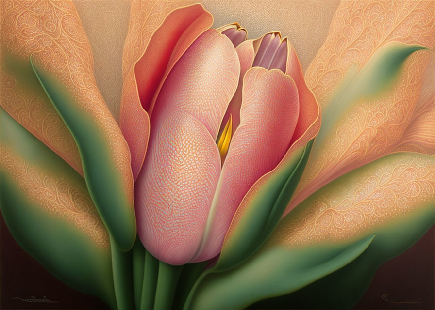 Stylized tulips in warm pink and orange tones on beige background