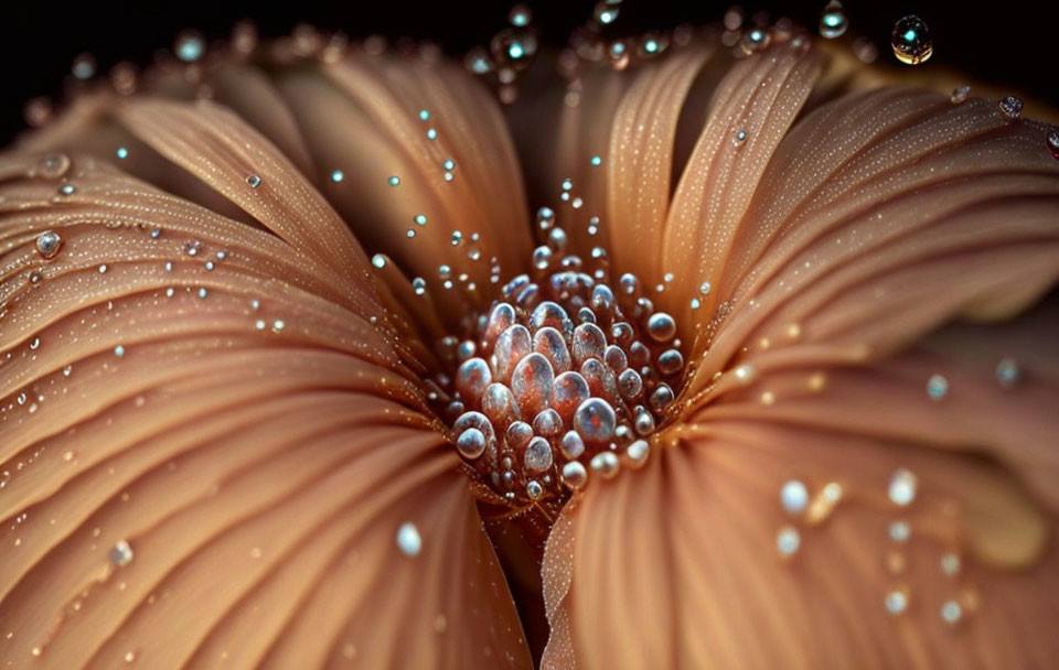 Brown flower with water droplets showcasing shimmering effect