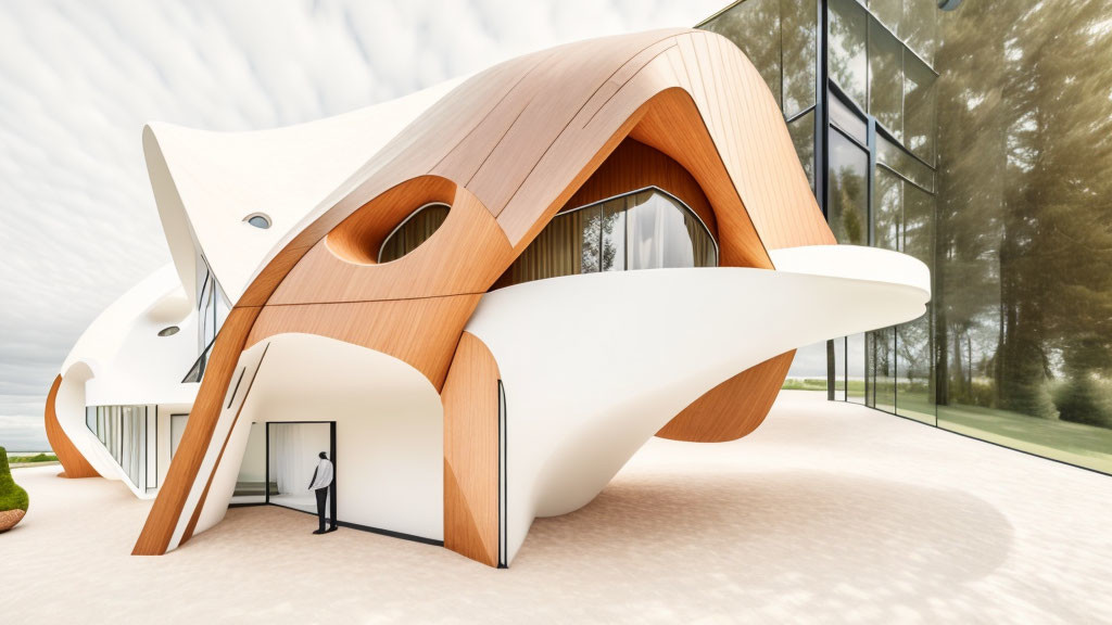 Organically shaped building with curved wooden panels and large glass windows