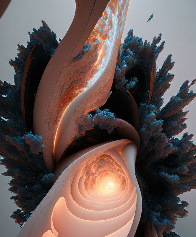 Abstract Digital Art: Swirling Coppery and Blue Crystal Structures