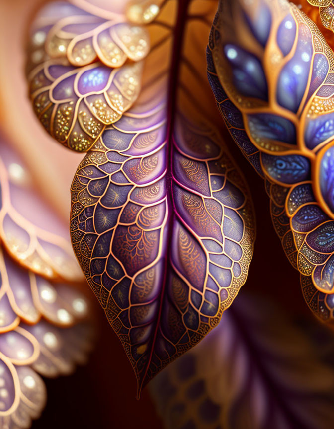 Detailed Digital Art: Stylized Bronze and Purple Leaves with Golden Vein Patterns