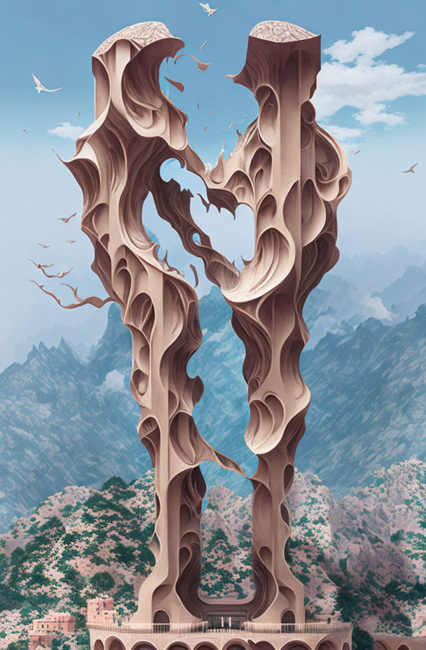 Surreal bone-like structure surrounded by mountains and birds near classical building