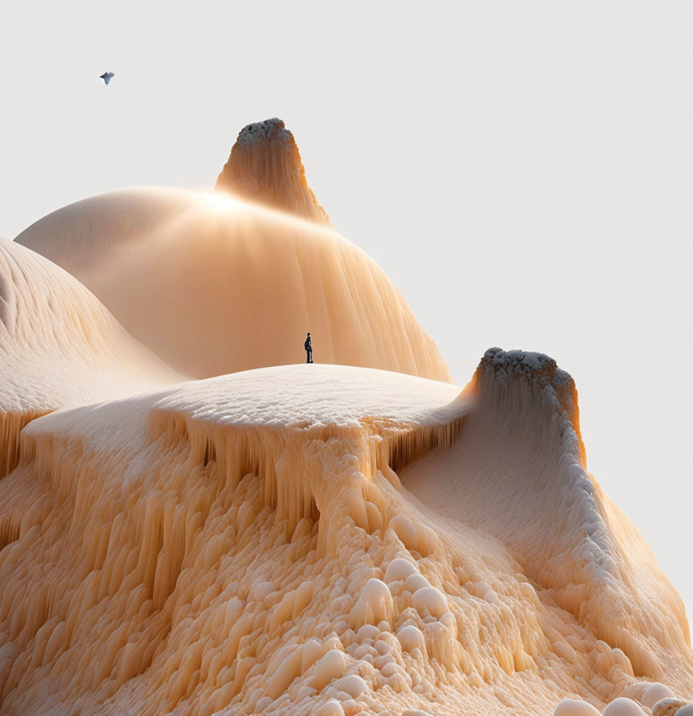 Solitary figure on creamy caramel landscape with two peaks