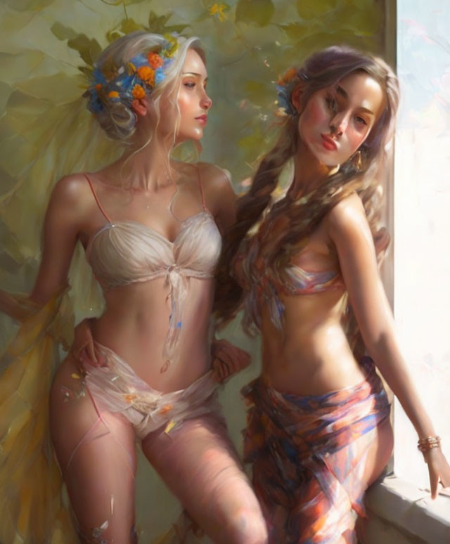 Ethereal women adorned with flowers in soft light