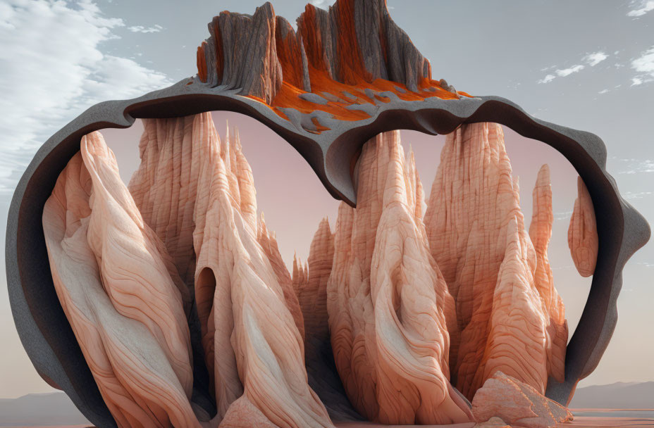 Surreal desert landscape with layered rock formations and circular rock structure