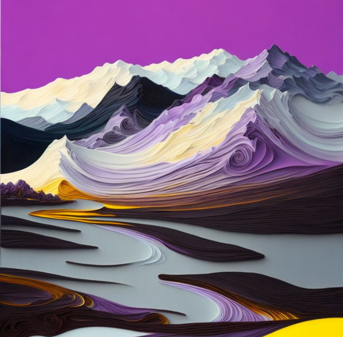 Vivid Layered Painting of Stylized Mountains in Purple, Yellow, and White