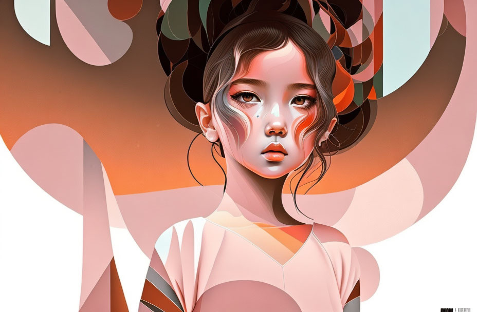 Abstract digital art featuring young girl with stylized hair and hypnotic eyes.