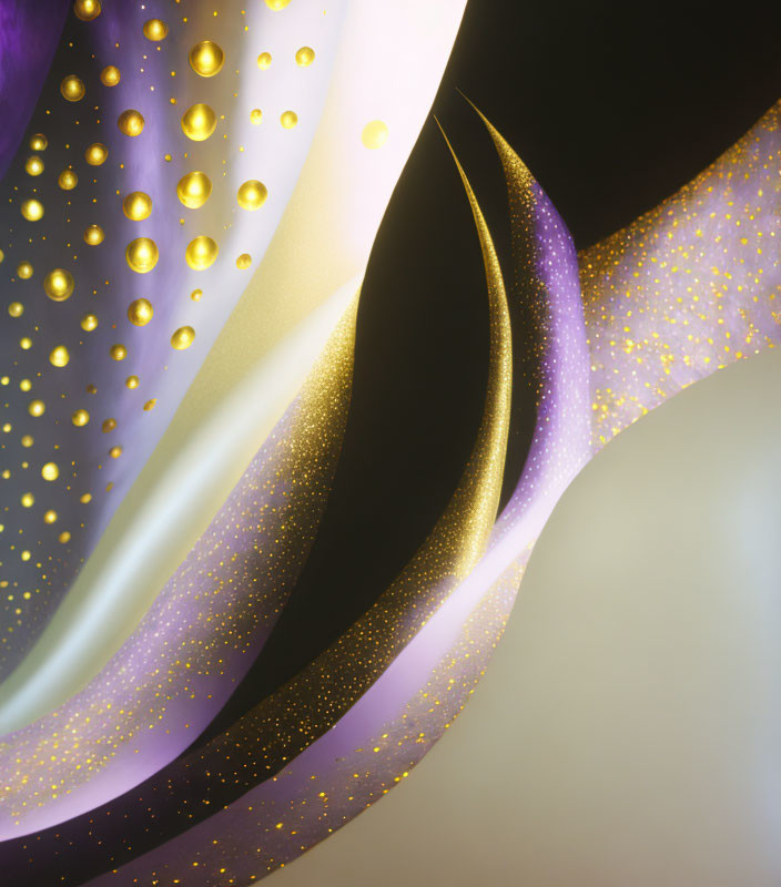 Abstract Purple and Black Swirling Shapes with Golden Dots on Illuminated Background