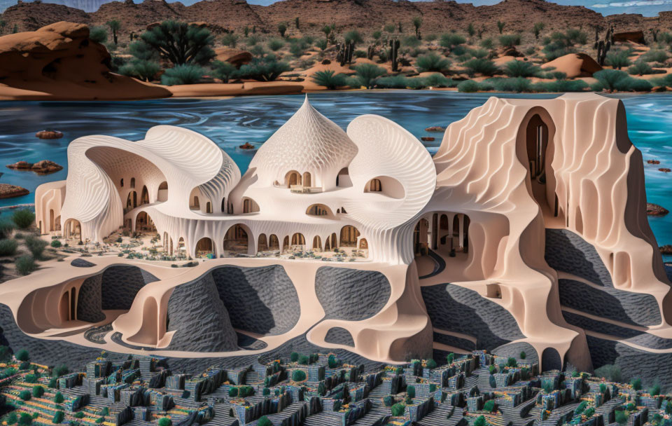 Futuristic desert architecture with white undulating structures and greenhouses among desert flora in clear sky