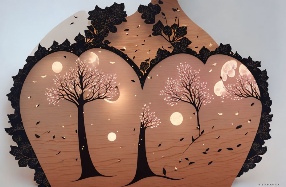 Pink-hued trees, moon, and floral patterns on wooden backdrop - tranquil & mystical ambiance