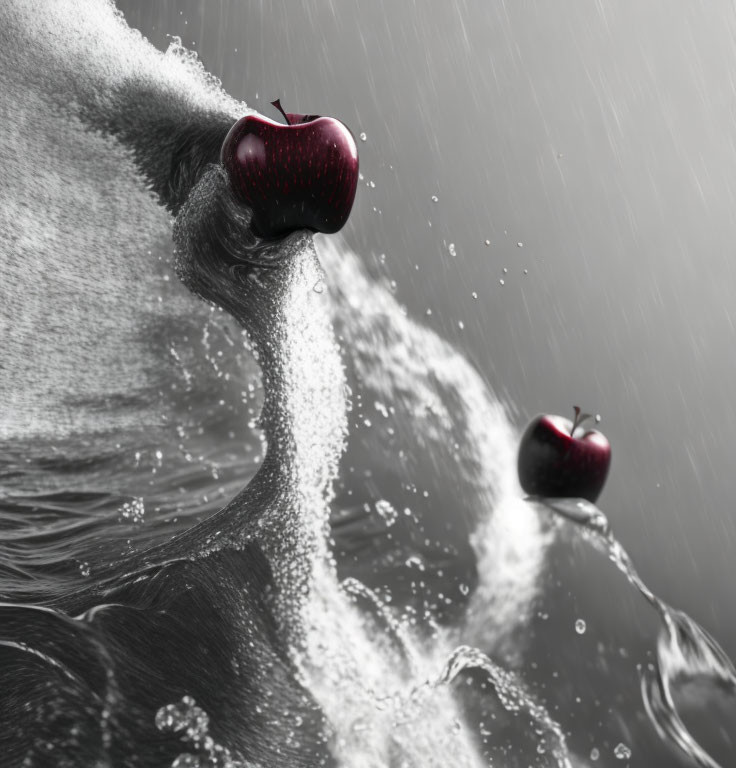 Red apples in black and white wave with water droplets