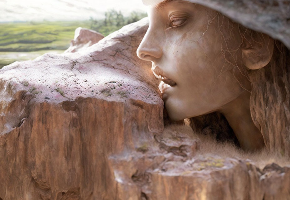 Detailed Sculpture of Woman's Face Partially Blended into Rock in Serene Landscape